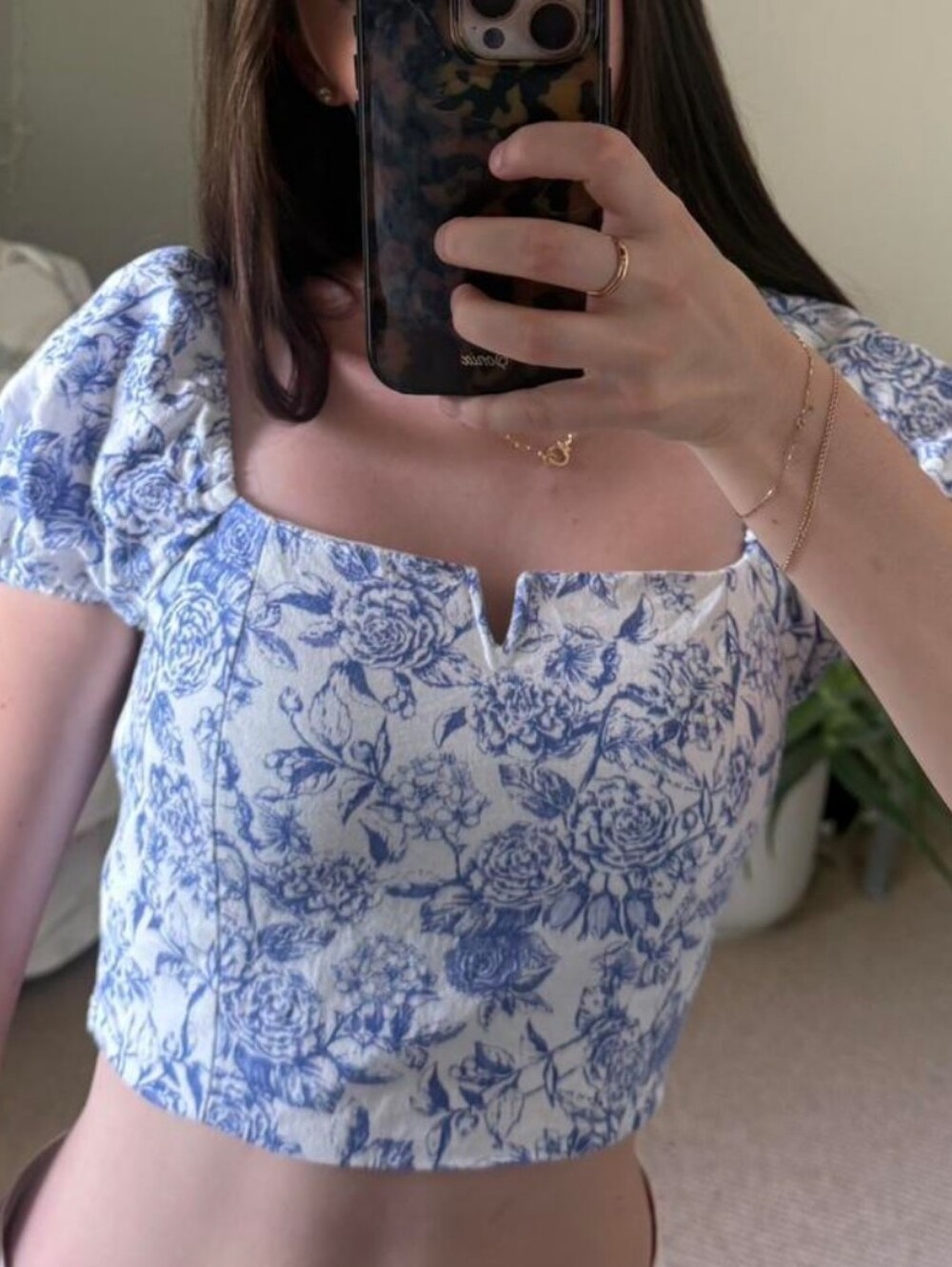 Altar'd State French Blue & White Floral Corset Puff Sleeve Crop Top, Size Small
